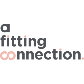 Logo for "A Fitting Connection" with stylised pink infinity symbol integrated into the word "connection" and modern black and pink text on a white background.